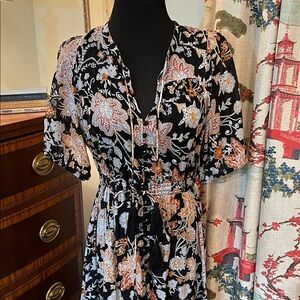 Elan Black Maxi Dress with White and Orange Floral Print Size L